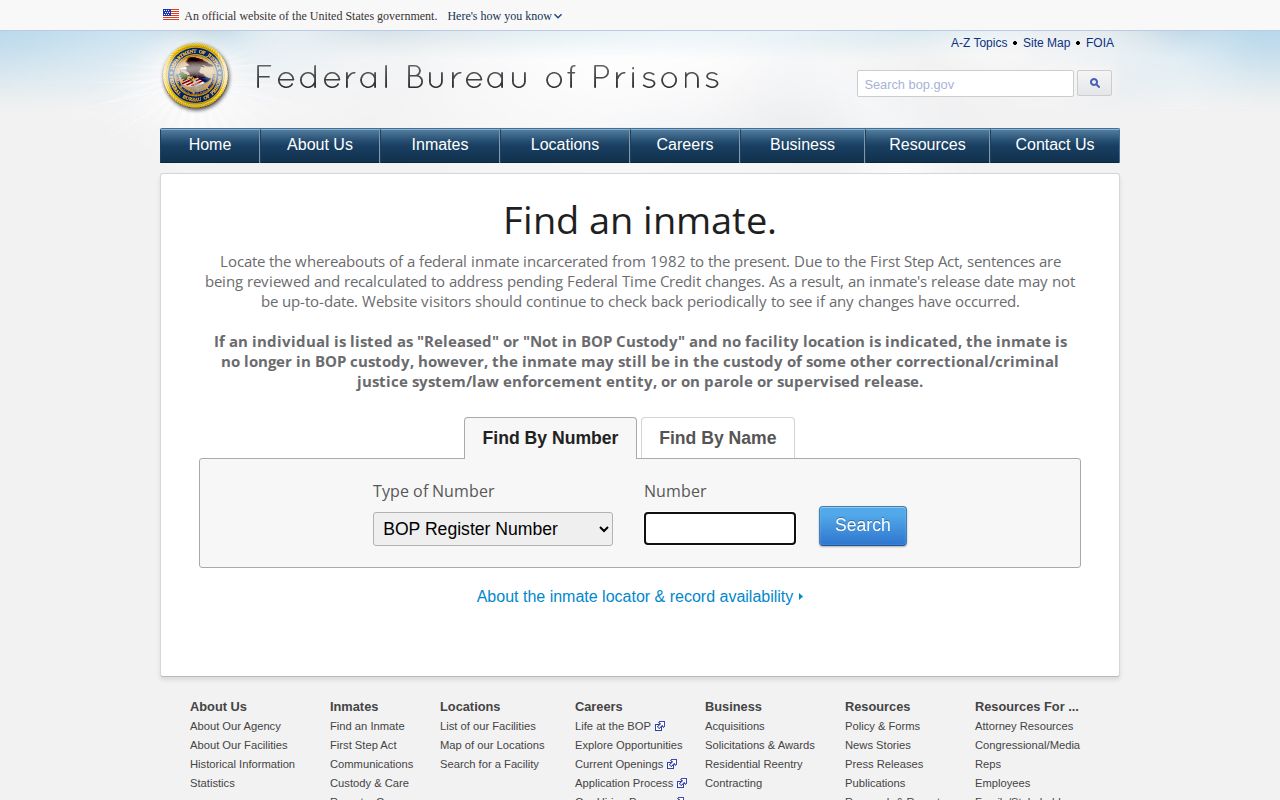 Federal Bureau of Prisons inmate locator search and release result fields