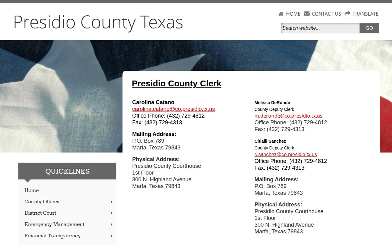 Official Presidio County Clerk page for county and misdemeanor records