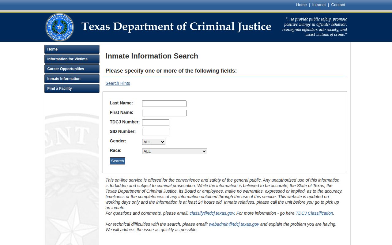 TDCJ inmate search fields and current-prisoner data notice