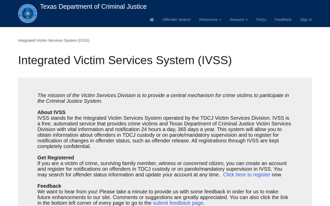 TDCJ victim notification portal for state custody